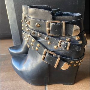 BCBGengeration gold studded black booties with buckle